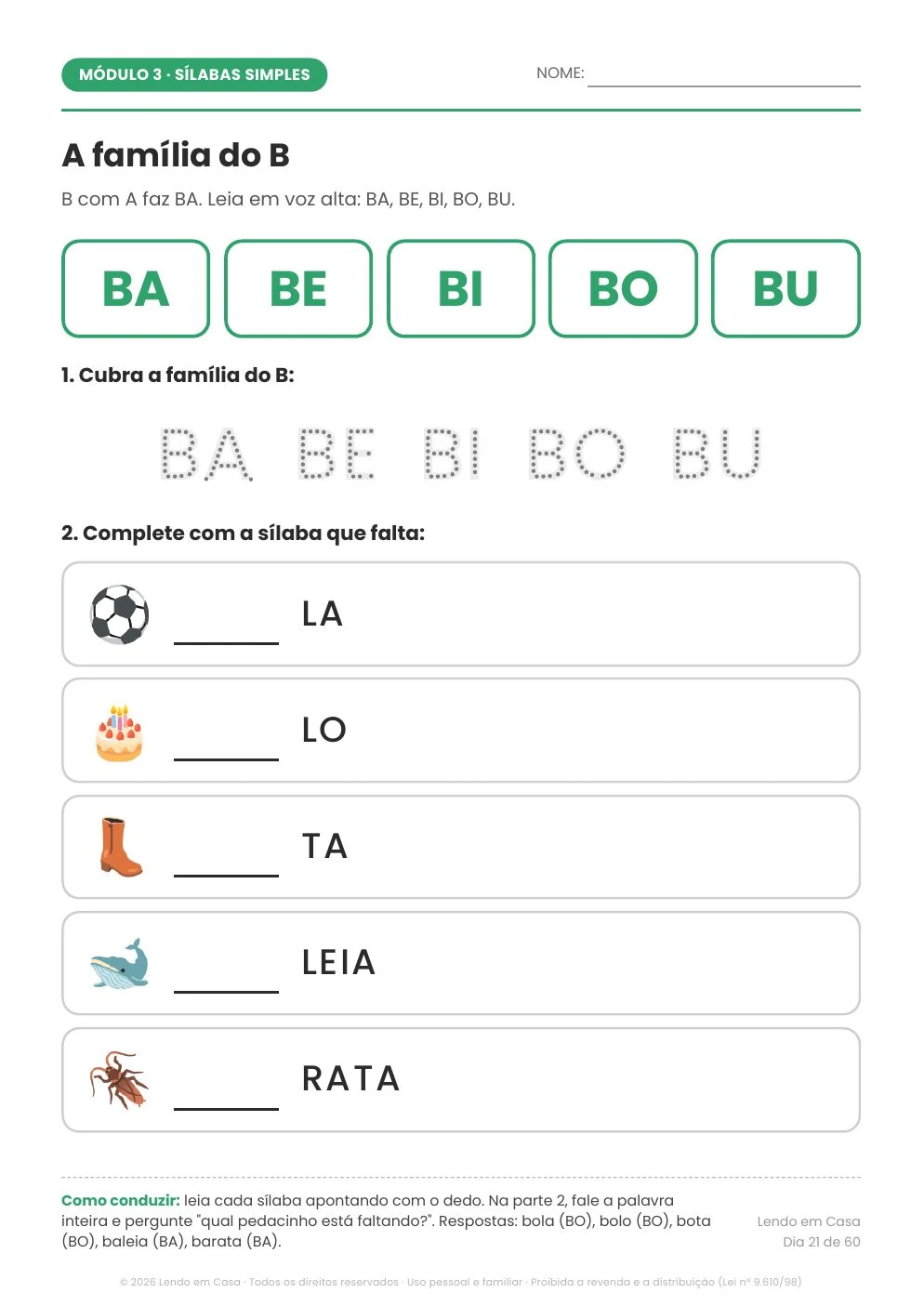 Página de atividade: Módulo 3 · as famílias silábicas