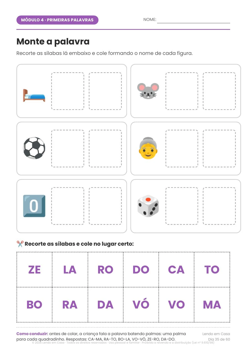 Página de atividade: Módulo 4 · montar palavras recortando sílabas