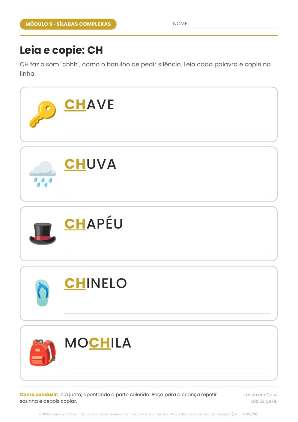 Página de atividade: Módulo 6 · CH, NH, LH e outras sílabas difíceis